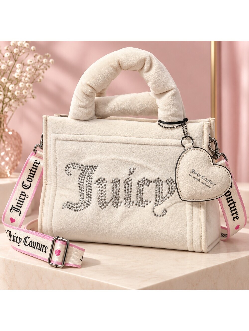 Juicy Couture Angel Extra Spender Mini Tote Cream Velour Rhinestone NWT